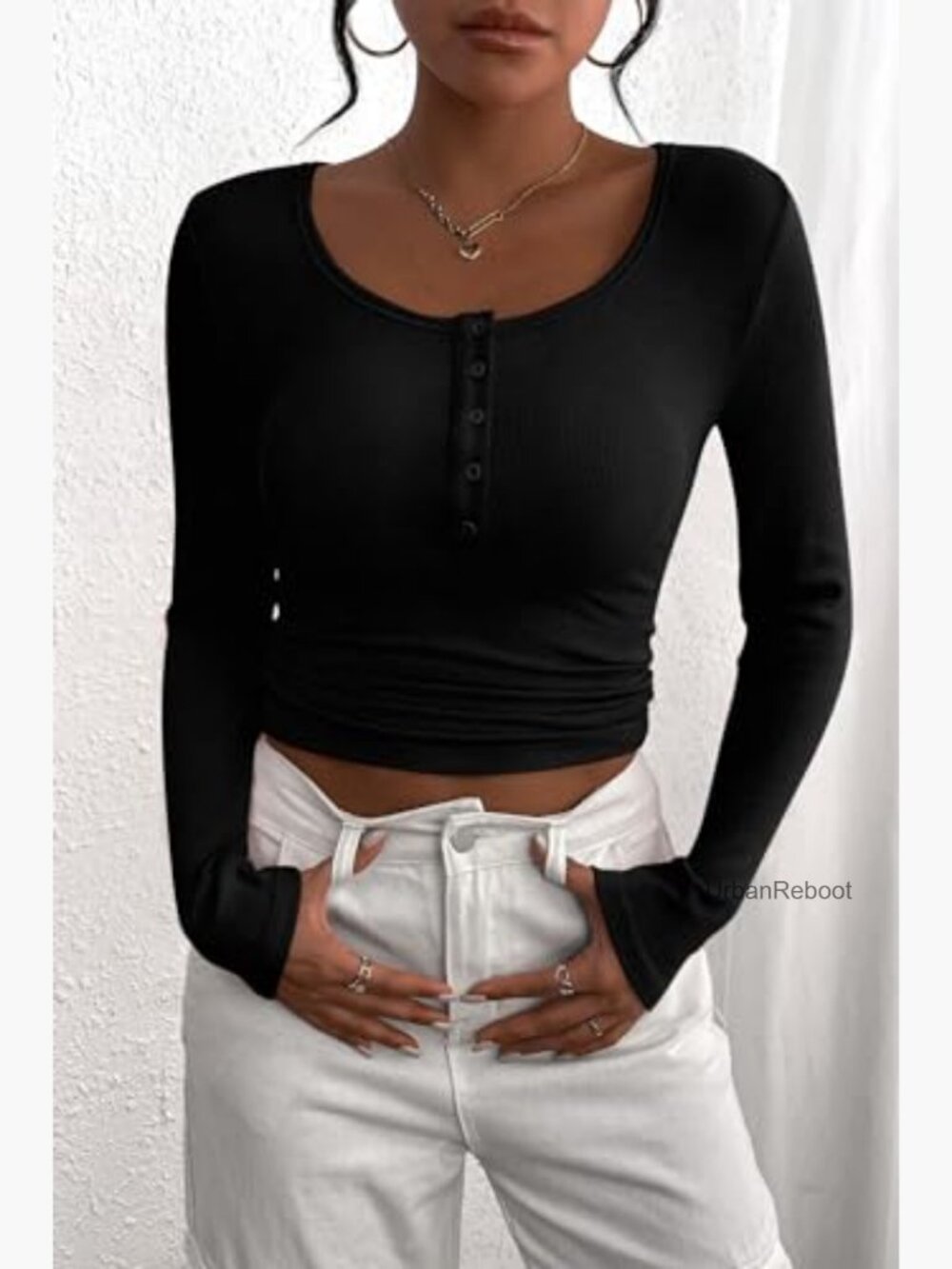 Long Sleeve Henley T Shirt Button Ribbed Knit Slim Fit Basic Top Blouse Casual - Picture 3 of 6